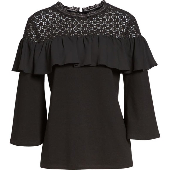 EUC Halogen Black Lace Yoke Ruffle Top with Bell Sleeves- Size XS - Picture 4 of 6